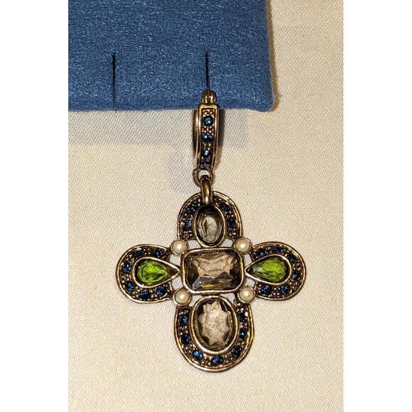 Vintage MONET Colored Rhinestone Cross Dangle Earrings Gold Tone 1.75" Signed - Picture 3 of 8